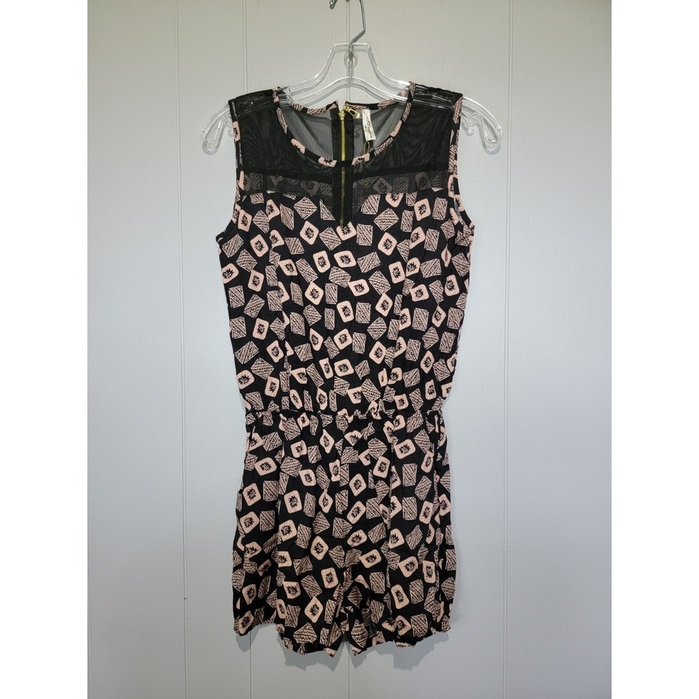 ACE Fashion Womens Pink Black Tribal Print Mesh Yoke Zipper Front Romper Size M